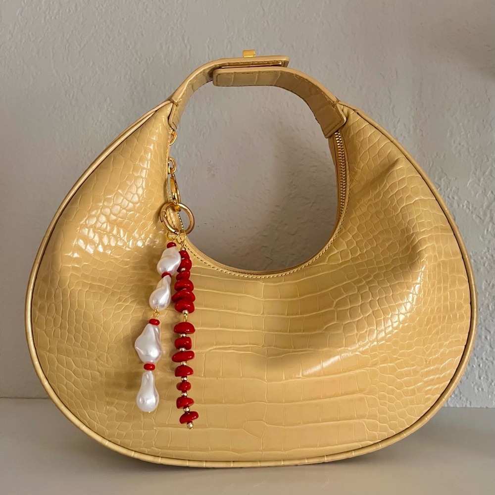 Japanese-Inspired Red Coral & Pearl Bag Charm Abstract Beaded Keychain Accessory